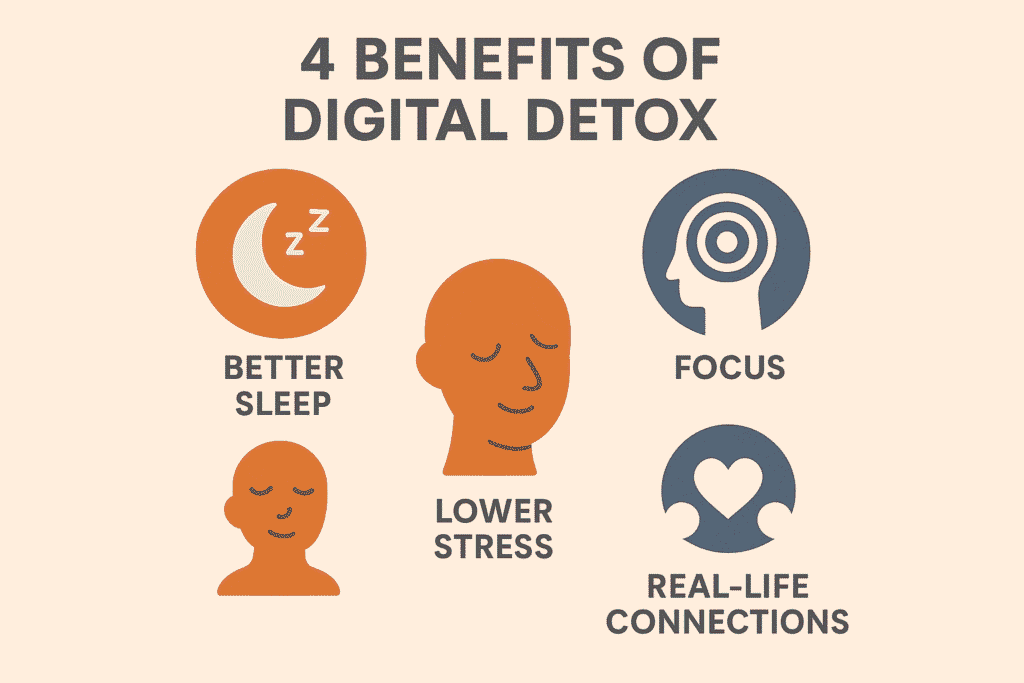 Benefits of digital detox – better sleep, focus, lower stress, real-life connections.