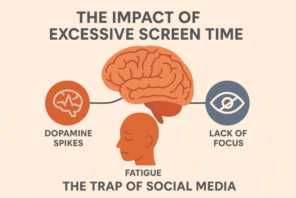 Infographic showing how excessive screen time affects the brain and mental health.